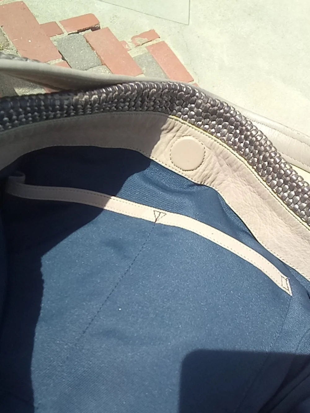Cole Haan Pewter Golden Beige Woven Leather Genevieve Large Bucket Hobo